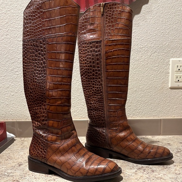 Shoes - Brown Crocodile Pattern Knee-High Boots